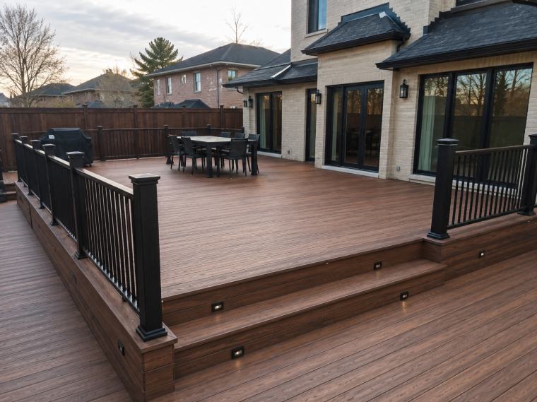 Large modern deck with black railings and step lighting